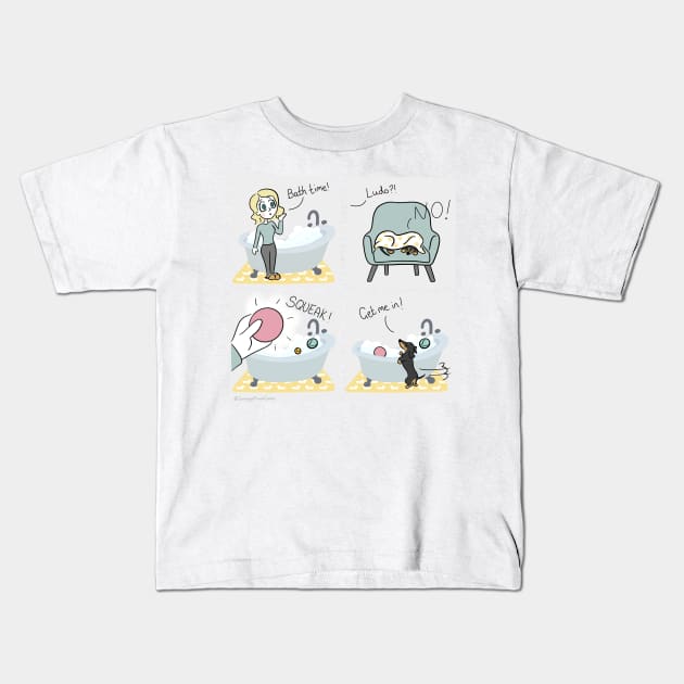 Dachshund Bath Time - Sausage Prince Comics Kids T-Shirt by Sausage Prince Comics